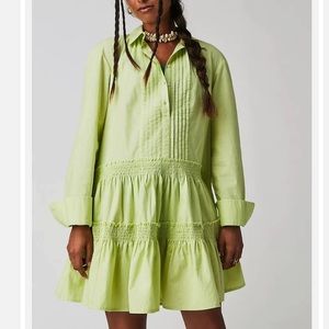 NWT Free People Billie Mini Long Sleeve Shirt Dress in Lime Glow